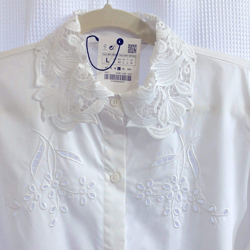 Zara Puffed Sleeve Button down Eyelet Blouse